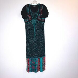 CAROLE LITTLE Short Sleeve Maxi Dress Attached Vest 2 Black‎ Teal VTG 90s Boho